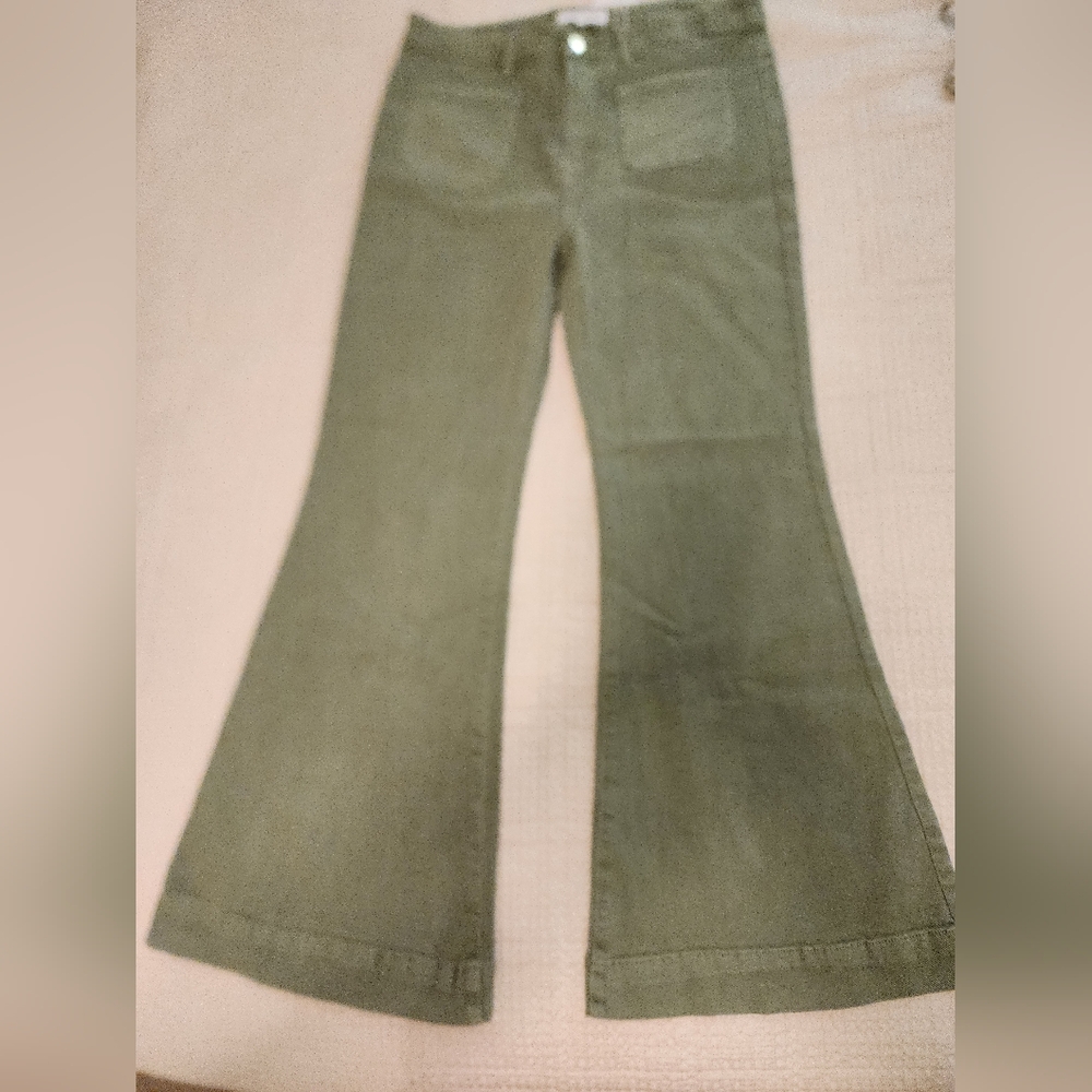 Women's Risen Olive Green Flared Wide Leg Jeans Pants Size 1X NWT Western